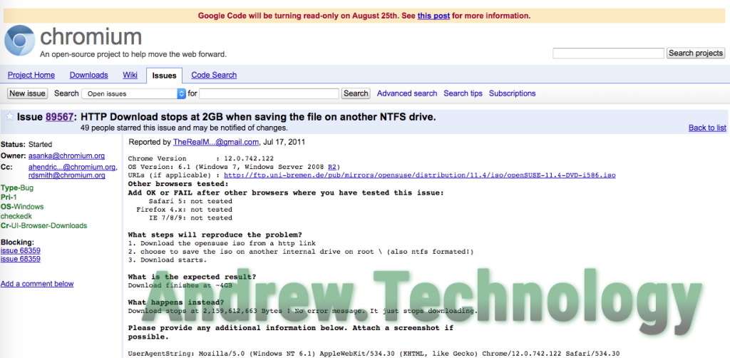 Chromium's issue thread on Google Code
